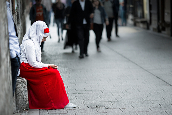 Girl outside mosque Sarajevo, Bosnia